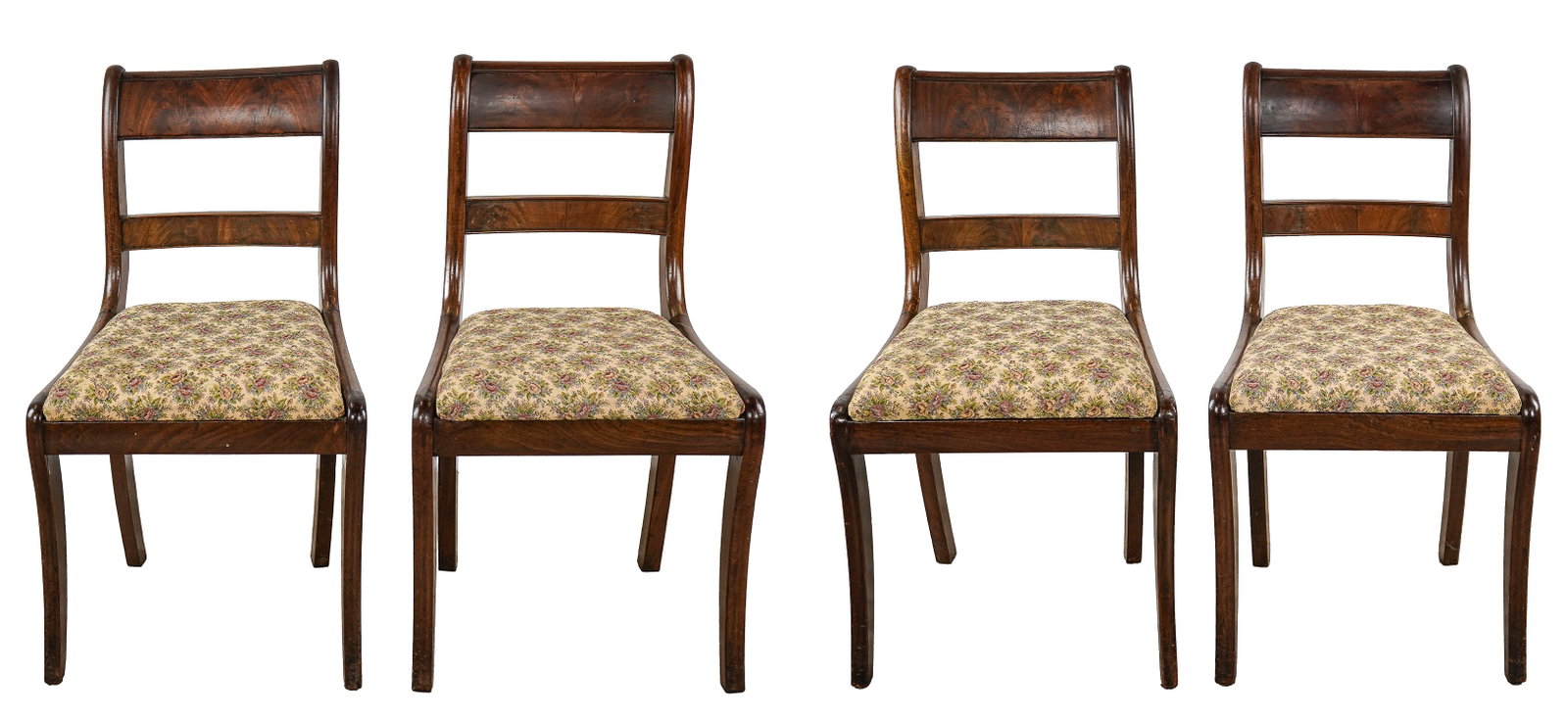 Set of 4 Empire Mahogany Chairs: Set of 4 Empire mahogany saber leg chairs. 19th c chairs, later seat coverings.