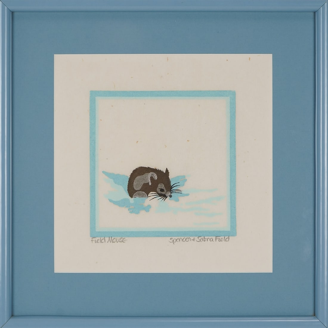 Sabra Field (VT 1935-) Field Mouse: Sabra Field (Vermont 1935-) Field Mouse - woodblock on paper signed lower margin with husband Spencer, plate 6 x 6" 13.5 x 13.5" as framed.