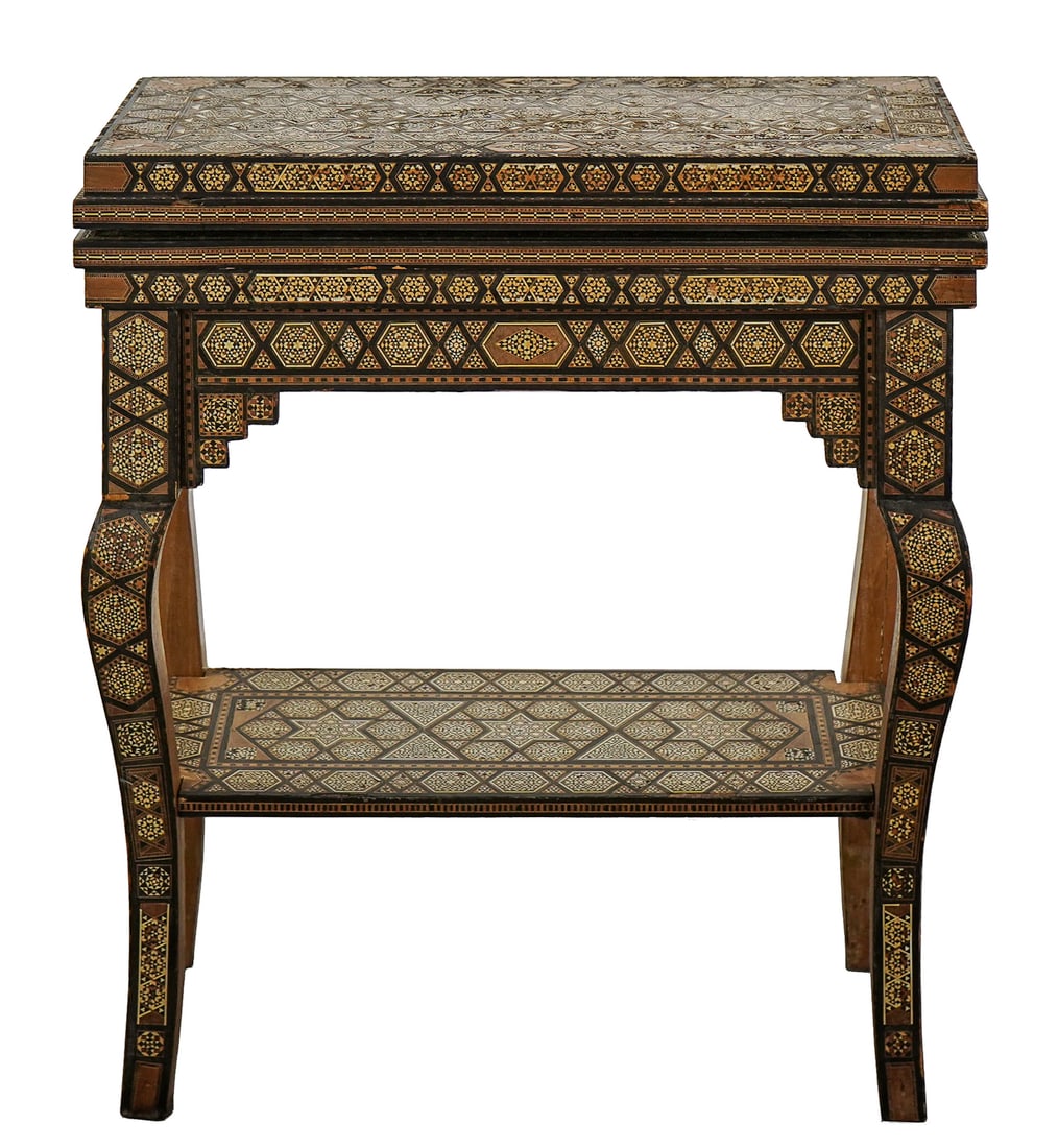 Late 19th/ 20th c Inlaid Gaming Table: Antique Middle Eastern mother pearl inlaid gaming table, ebony, mother-of-pearl, bone, with internal well containing a folding game board, flip side of game board is green felt for use as a card table