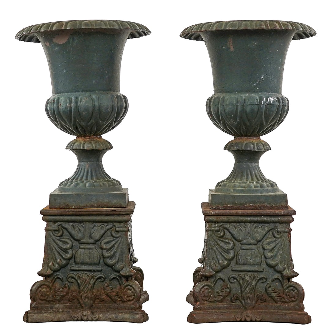 Pair of Cast Iron Garden Urns with Bases (1 of 6)