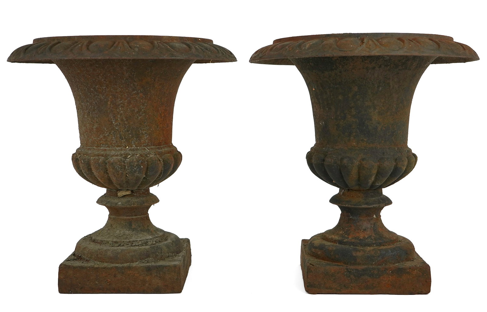 Pair of Cast Iron Garden Urns: Pair of Antique Cast Iron Garden Urns, ht 12", diameter 11"