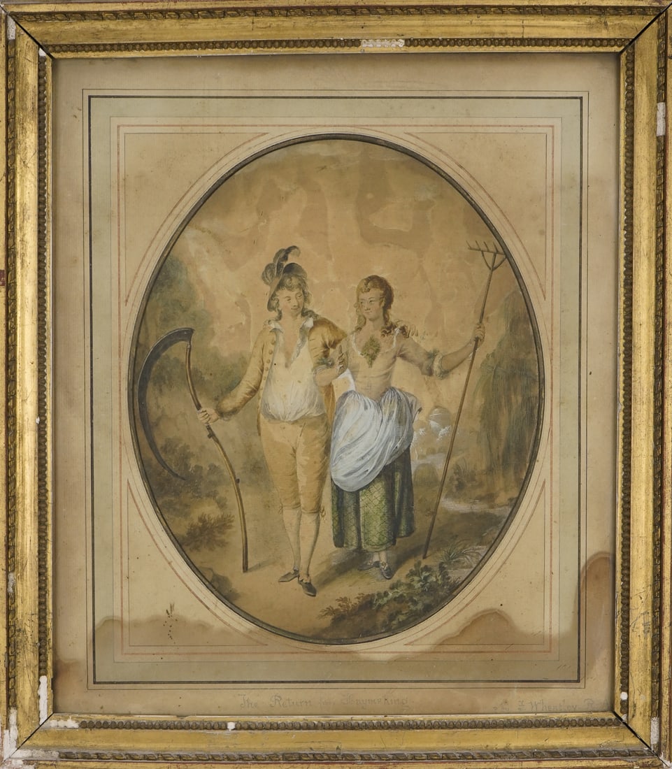 Francis Wheatley (EN 1747-1801) Return from Haymaking.: Francis Wheatley (English 1747-1801) Return from Haymaking watercolor and gouache on paper toning and some water staining. 11 x 9" 17 x 15"