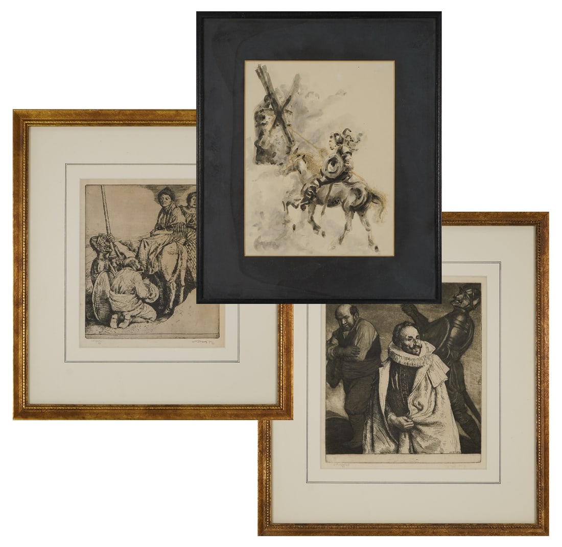 Two William Strang (SC 1859-1912) Drypoint Etchings Don Quixote and a watercolor: Two William Strang (Scottish 1859-1912) Drypoint etchings from Don Quixote one depicting Quixote and Panza with Duclinia and one with Quixote, Panze and Miguel de Cervantes- plates 8 x 7" signed lower