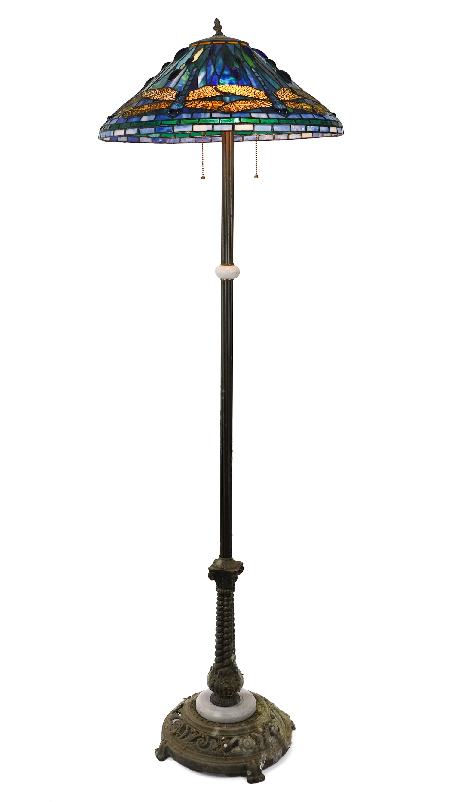 20th c Leaded Glass Floor Lamp with Dragonfly Motif.: Leaded glass floor lamp from last quarter of the 20th c with dragonfly motif - Shade 9 x 20" diameter, lamp is 60" overall. some oxidation on base