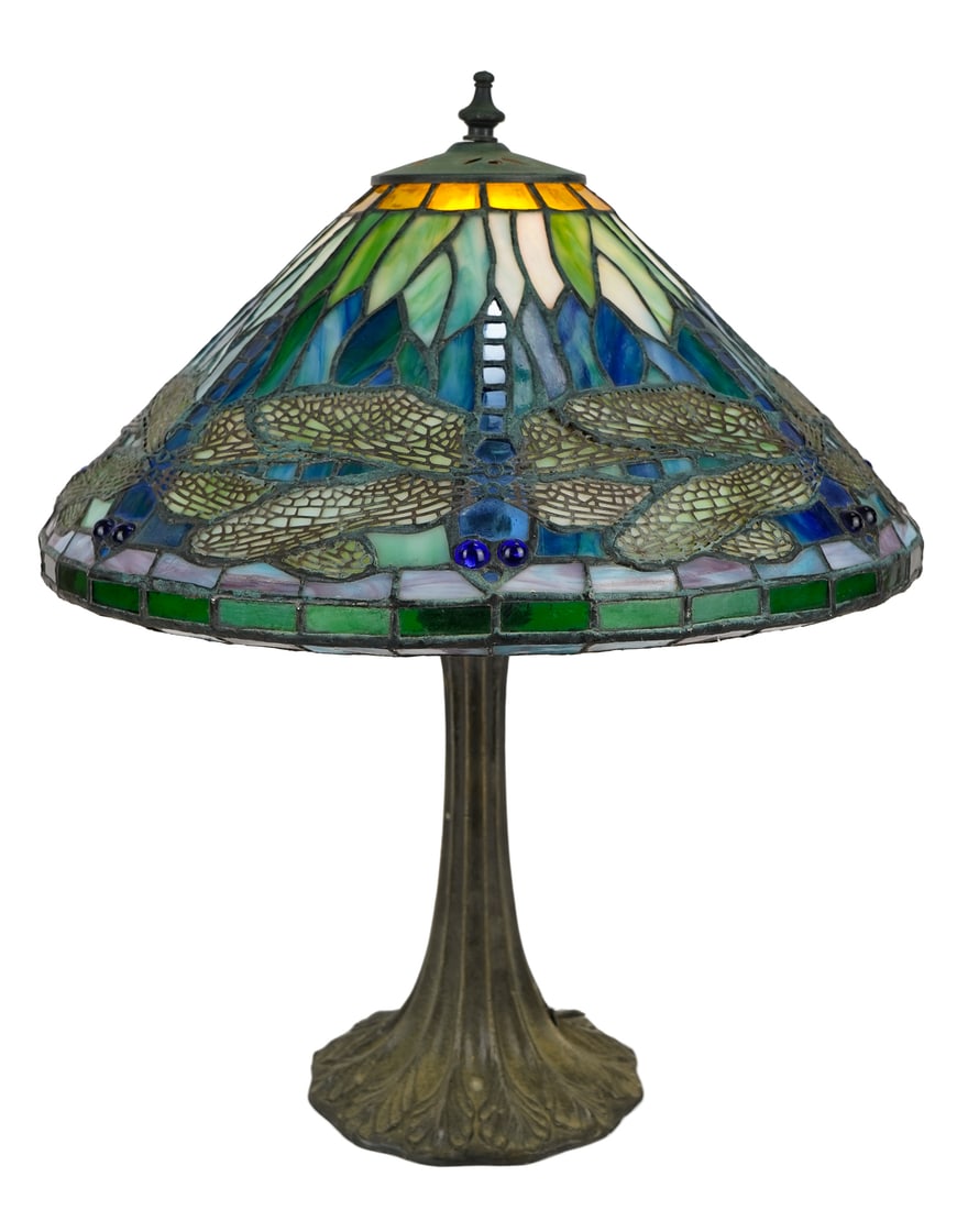 20th c Leaded Glass Table Lamp with Dragonfly Motif: Leaded glass Table lamp from last quarter of the 20th c with dragonfly motif - Shade 7.5 x 15" diameter, lamp is 19.5" overall.