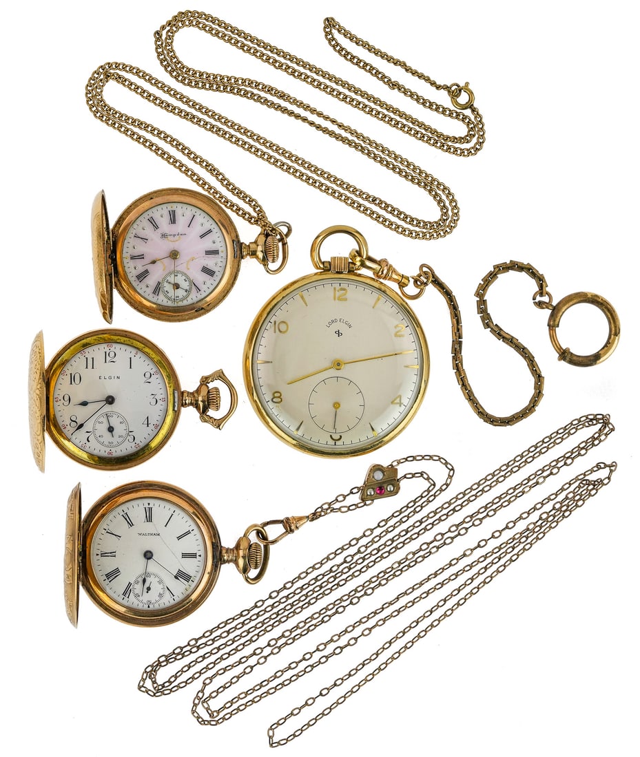 4 Gold Filled Pocket Watches: 4 gold filled pocket watches including a Elgin hunter case, 34 mm, with 17 jewel running movement. Hampden Hunter case with colored enamel face, Roman numerals, chain, 33 mm, not running. Waltham hunt