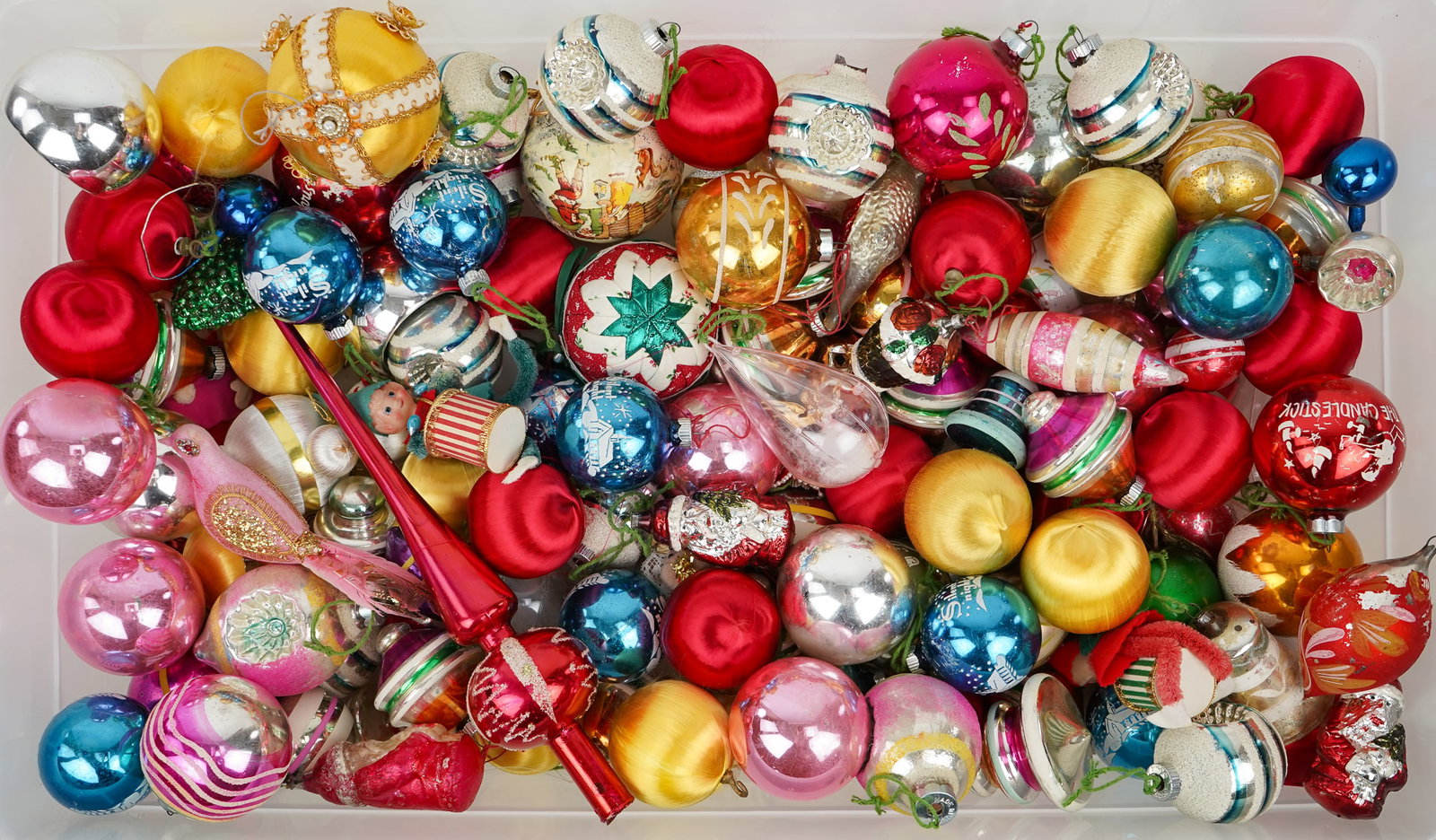 Collection of Vintage Glass Christmas Ornaments: Collection of vintage 1930s-1960s Christmas including German blown glass Santas, Shiny-Brite sunburst center, colorful bulbs, etc. overall very good condition