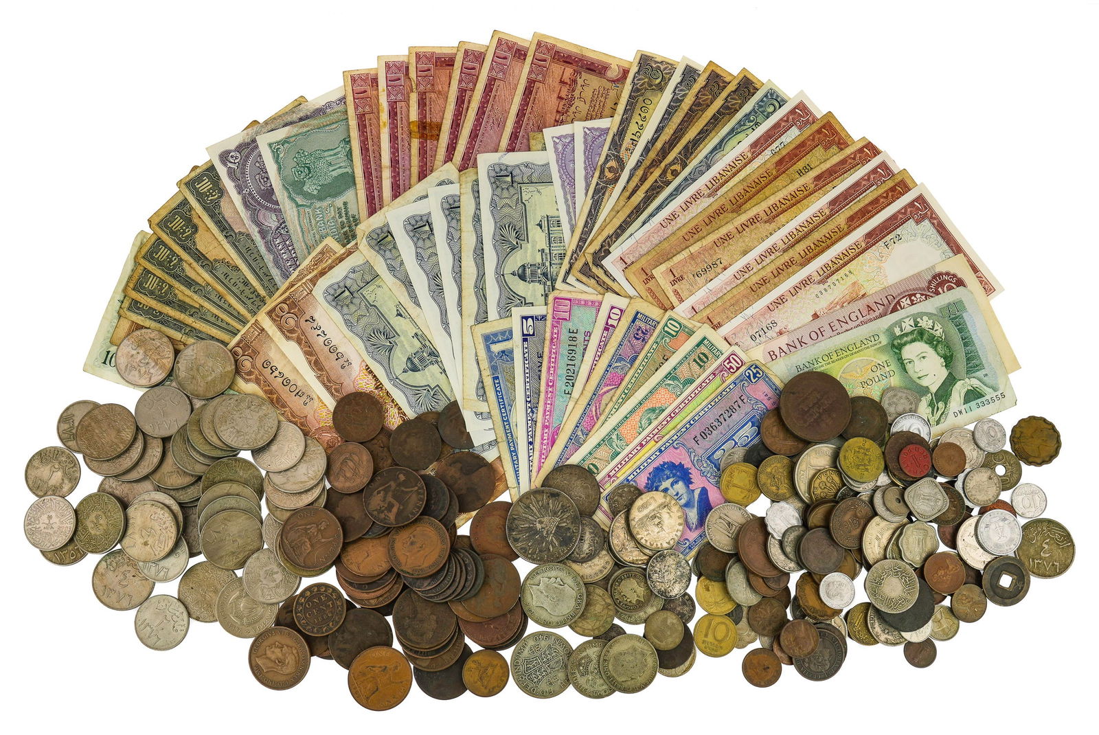 Foreign Coins, Currency including Silver: Foreign coins, currency, including some silver, quantity of Saudi Arabia 4 qirsh, other foreign coins, US military payment certificates, other foreign currency