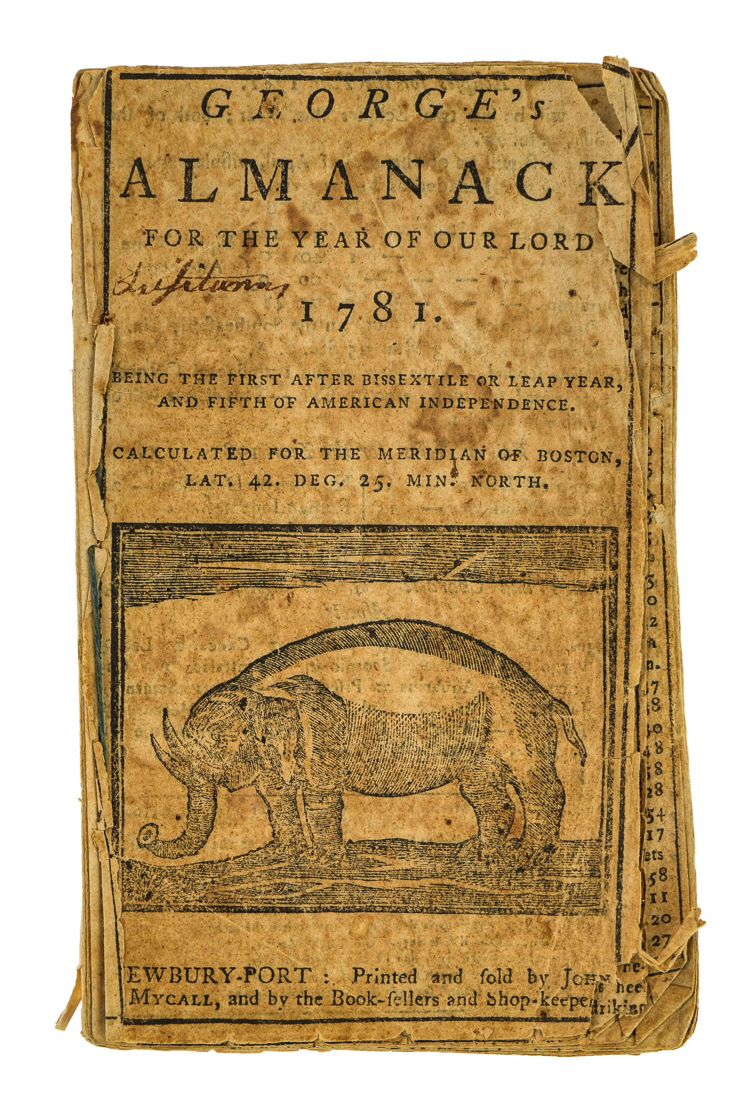 1781 Revolutionary War Handwritten Account of Ships Battle: 1781 American Revolutionary War George's Almanac with Parson Brown's handwritten account of ship battle off Cohassett "Sept 1 Great sea fight off our rock said to be between 40 gun British ship and 36