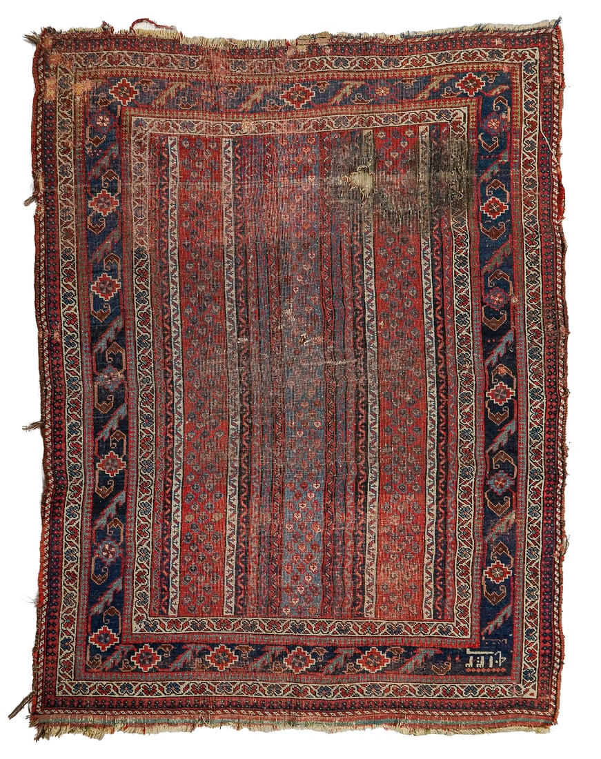 Dated Antique Persian Area Rug: Antique Persian area rug with date woven in, likely Qashquai, all wool, area of uneven wear, end losses, 4'5" x 6' 6"