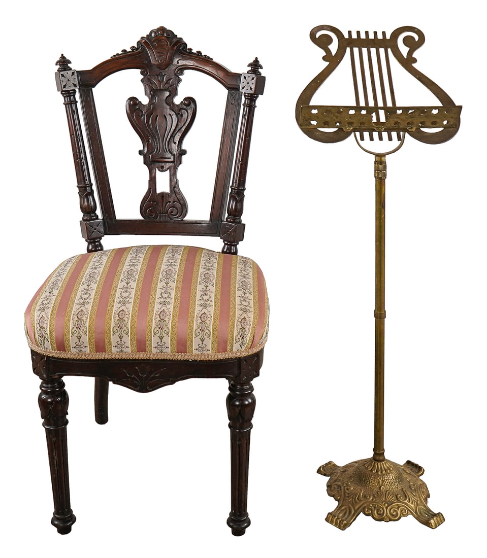 19th c Walnut Victorian Side Chair and Brass 20th c music stand (1 of 7)