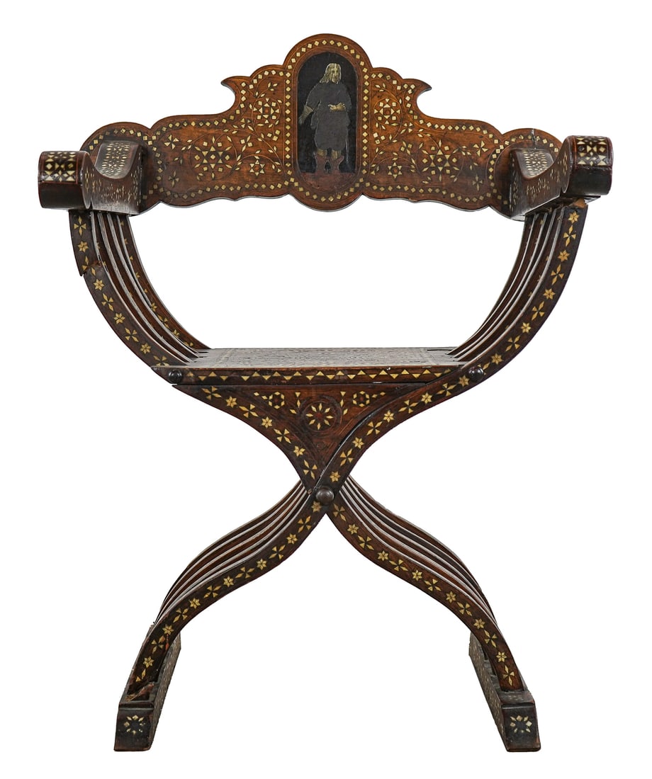 18th c Italian Walnut Inlaid Savenarola Chair: Fine 18th c Italian walnut Savenarola chair. Ornate overall bone inlay, and inlaid & paint decorated full length portrait of an older man. 26" wide 35" h. Losses, 2 cracked arms. Age appropriate wear.
