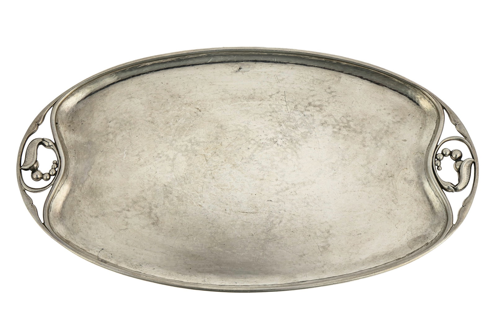 Georg Jensen MCM Hand Wrought Sterling Oval Tray: Early 20th c. Georg Jensen Denmark "Blossom" pattern Art Deco handwrought sterling silver double handled openwork bread tray , designed ca. 1905 by Johan Rohde 6" x 11" 12.3 troy oz. -some light surfa