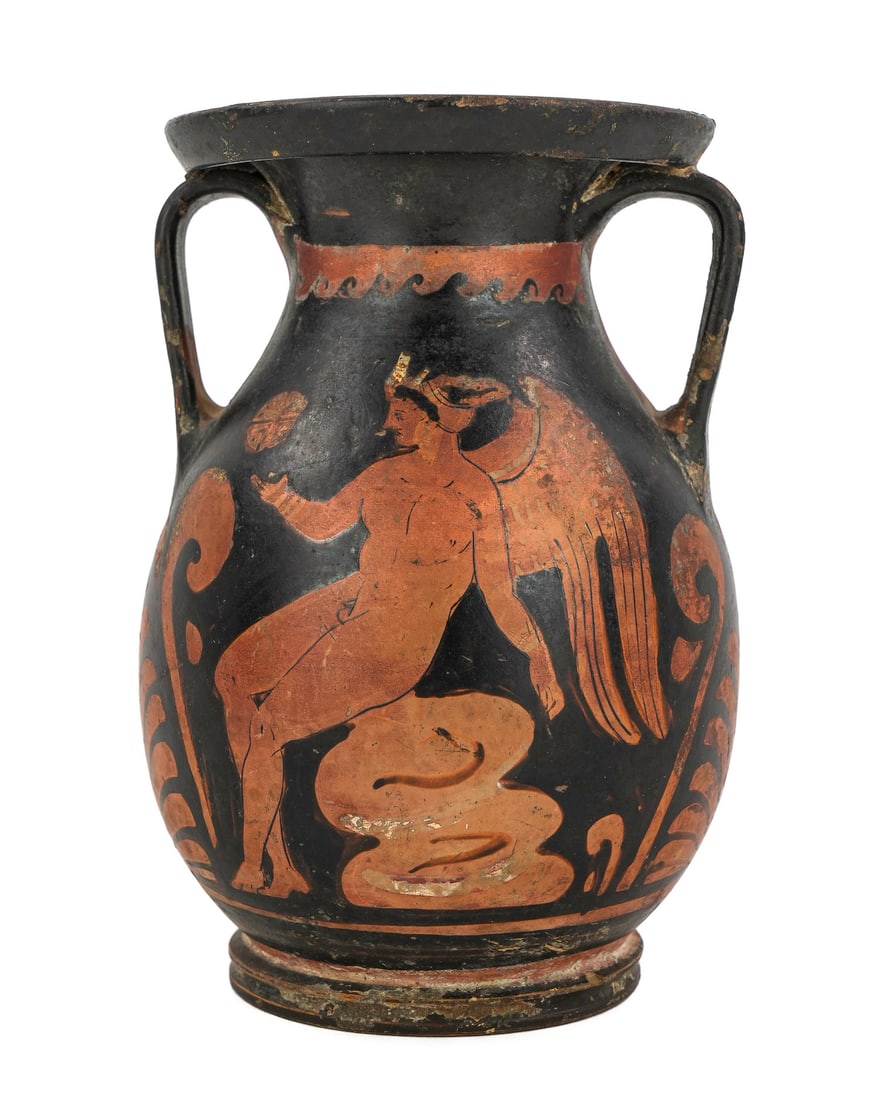 Greek Apulian Red-Figure Pelike vase: Greek Apulian red-figure pelike vase , ca 370 BC, decorated with a Lady of Fashion and Seated Victory, 2 open flattened handles, flanged mouth and base, sagging body, unlike amphora with a pointed bot