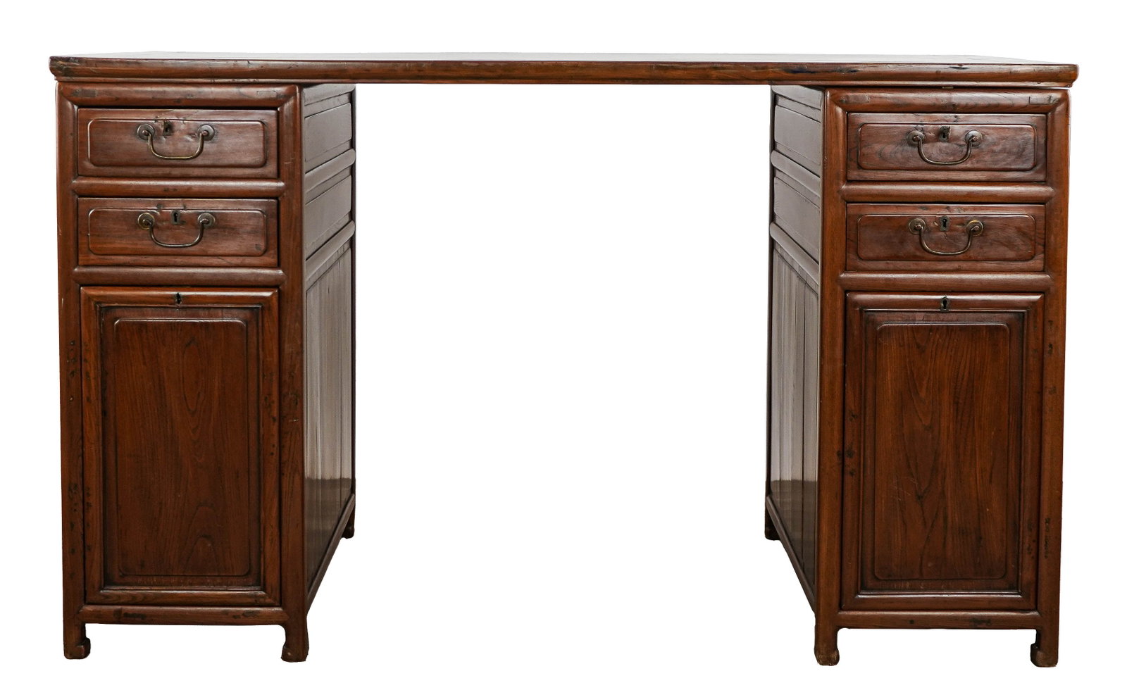 Chinese Elm Scholars Desk: 19th c elm wood flat top 3 part scholars desk. Double pedestals each with two drawers over single door. Bronze mounts, pulls, and key. Very good condition. 29"d x 58"w x 35"h.