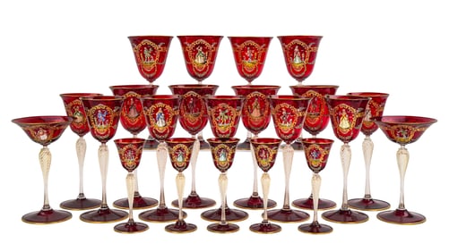 23 pcs. Murano Glass Ruby Enameled Stemware