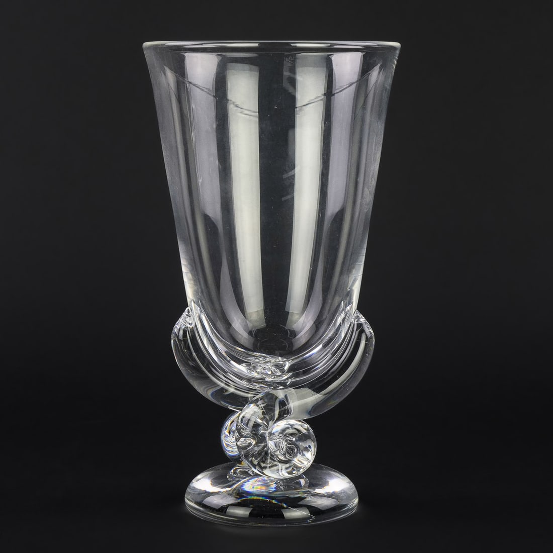 Steuben Mid Century Art Glass Vase: Steuben mid century modern crystal art glass vase with twist stem footed base, designed by George Thompson ca. 1942 signed underneath 4.75" x 8.75"
