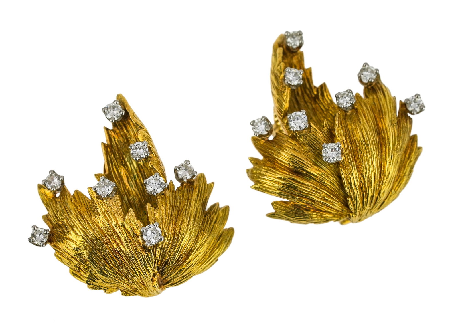 Raymond Yard 18k Diamond Earrings: Pair of Raymond Yard 18k yellow gold foliate form clip on earrings each with 8 round cut diamonds .03 cts each. Signed Yard 18k pat 2423905. 1" long, 13.7 grams t.w. In a period Raymond Yard blue leat