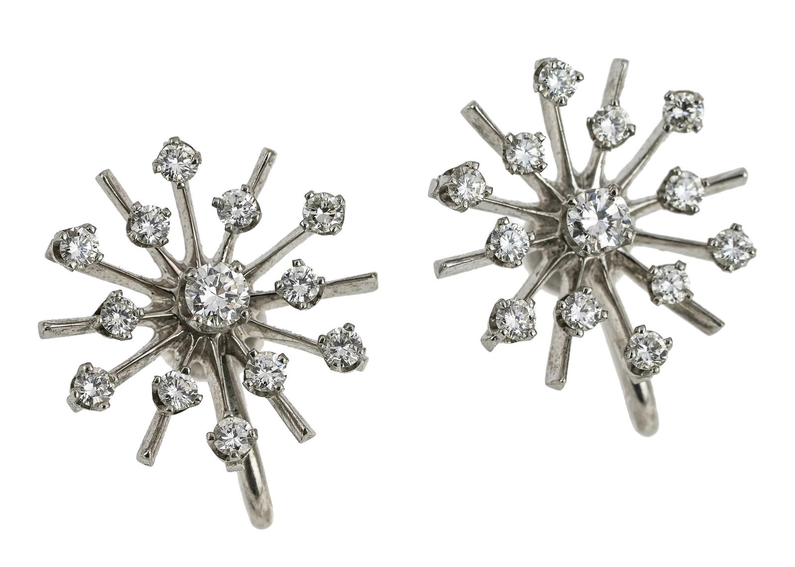 Pair of 14k White Gold & Diamond Earrings: Pair of 14k white gold earrings in a sunburst design each with 12 .04 ct round cut diamonds and center .13 ct round cut diamond. 1.22 cts t.w. 5/8" diameter. Screw backs. 6.2 grams t.w.