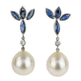 South Sea Pearl, Diamond, & Sapphire Earrings