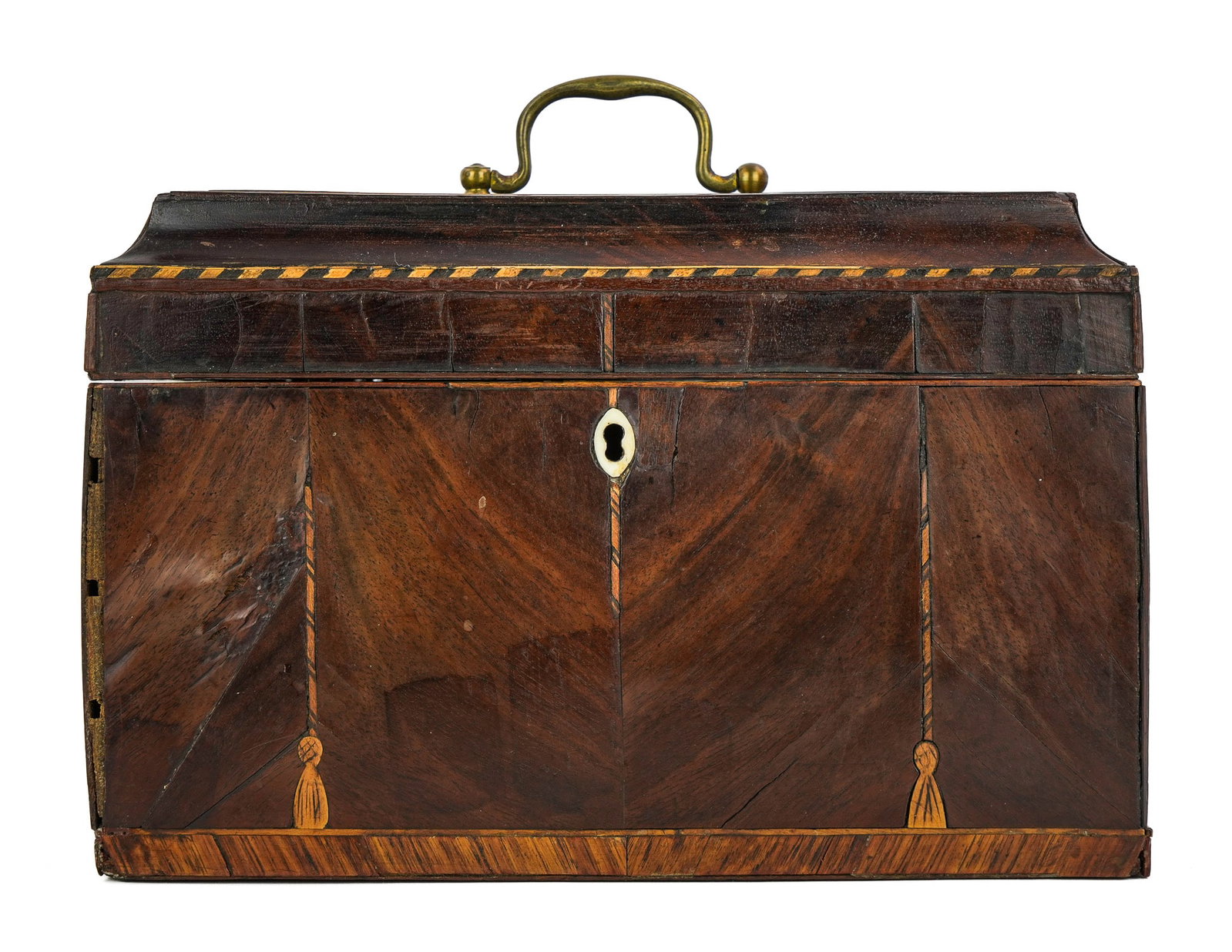 19th c English Inlaid Mahogany Tea Caddy: 19th c English inlaid mahogany tea caddy, drying cracks, minor losses, 9 1/4" x 5 1/4" x 61/4"