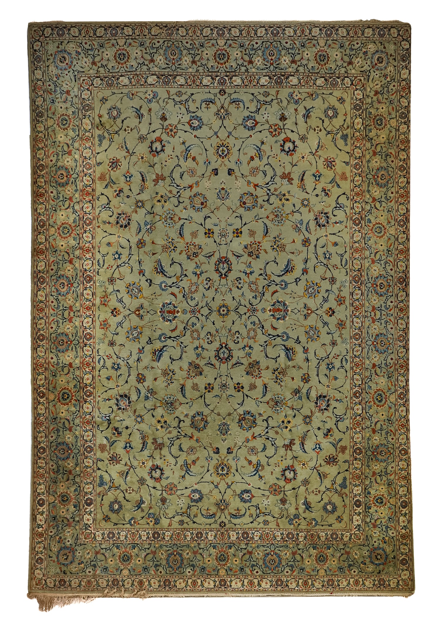 Early 20th c Persian Kashan Main Carpet: Early 20th c Persian Kashan main carpet, light green colors, even wear, 8' 11" x 13'