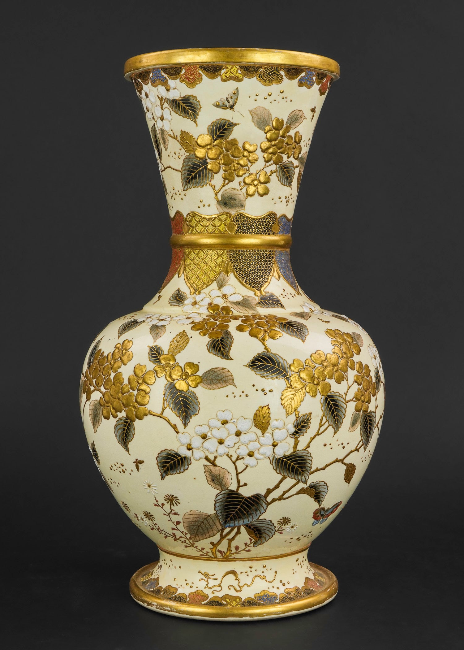 Large Japanese Satsuma Porcelain Vase: Large early 20th c Japanese Satsuma porcelain vase, character signed "Satsuma Nippon" on base, Meiji period 1868-1913, excellent condition, ht 15 3/4"