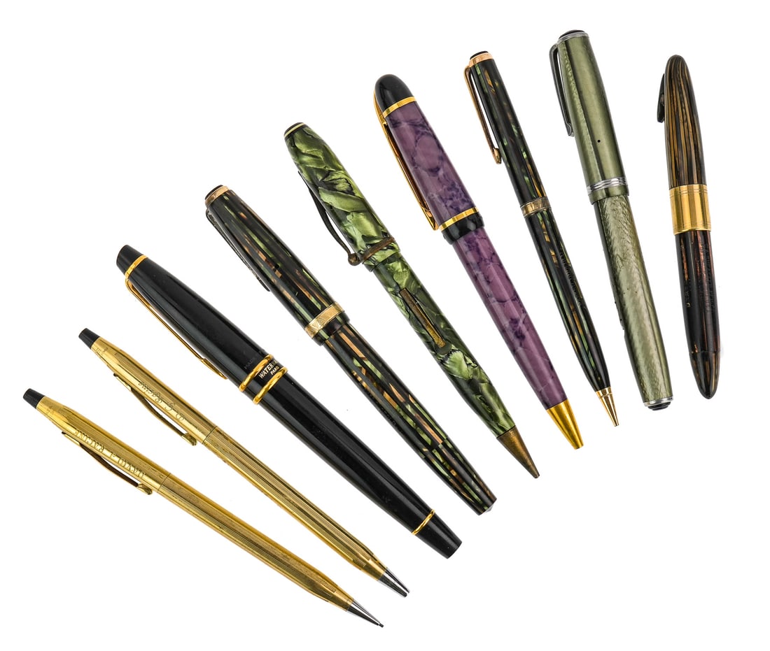 Parker, Schaefer, Waterman, Esterbrook Pens: Collection of fountain pens, mechanical pencils, including Waterman, Parker, Esterbrook, Schaefer fountain pens, combo pen/ pencil, Cross gold plated pen, pencil, etc. (9 pcs)