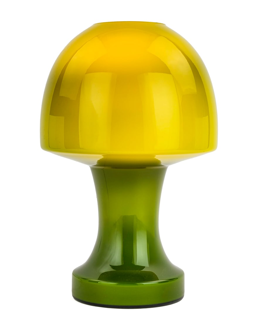 Italian Cased Glass Mushroom Lamp: Italian cased glass one piece mushroom desk/ table lamp, in the manner of Gino Vistosi, ht 15", diameter 9"