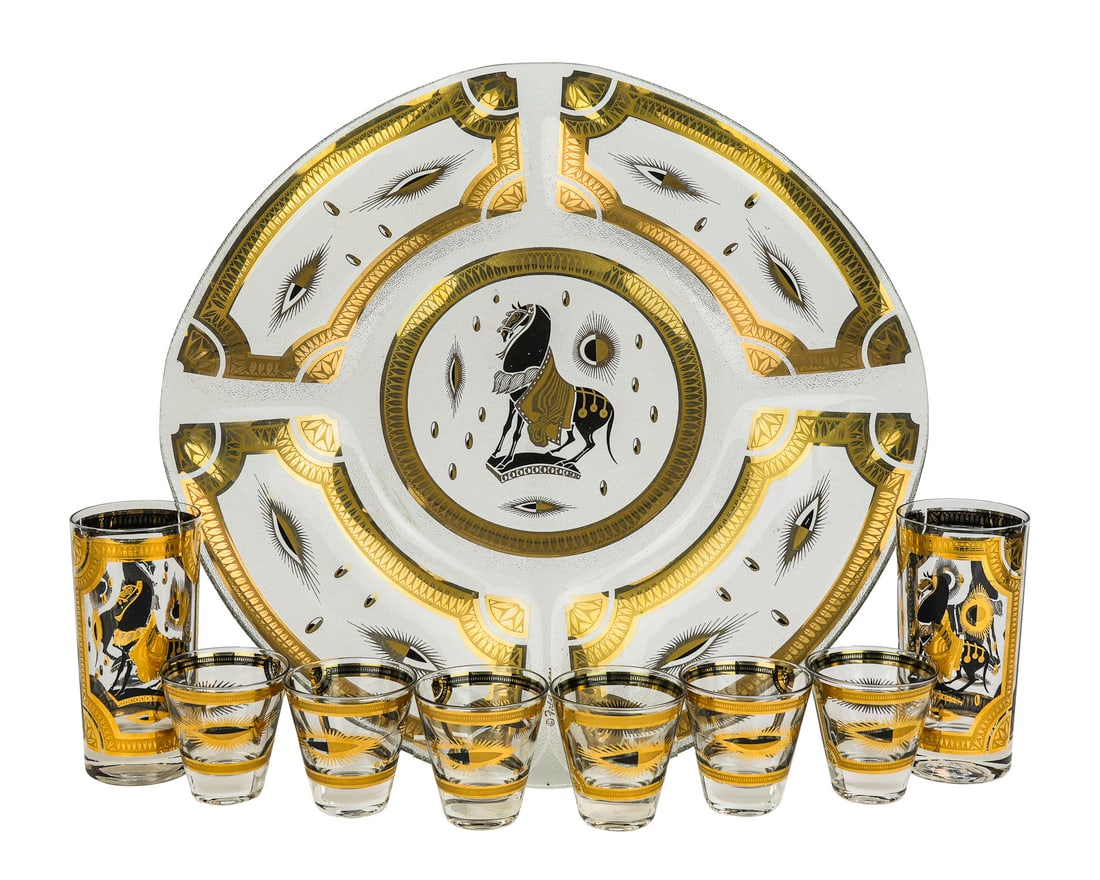 Fred Press MCM Tray and Glasses: Fred Press MCM Tray and Glasses (9 pcs), tray diameter 17", two tall water glasses, and six rocks glasses