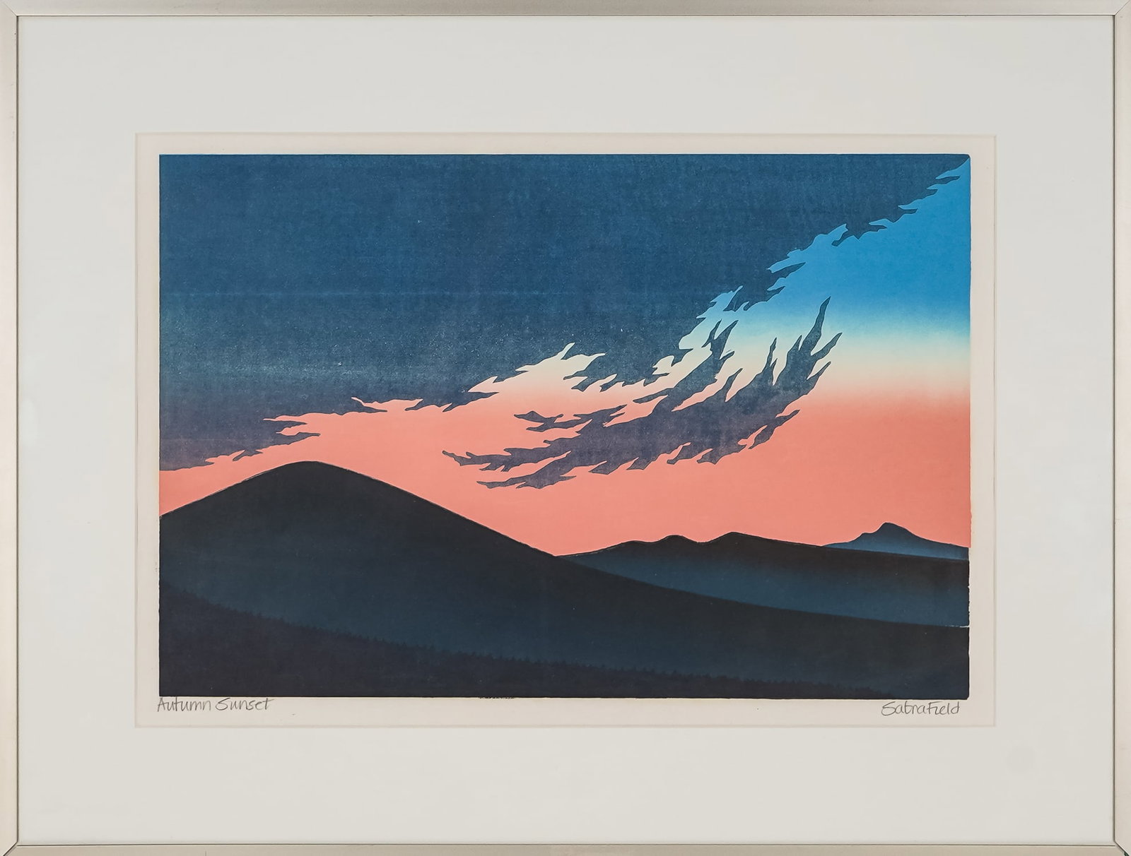Sabra Field (VT 1935-) Autumn Sunset: Sabra Field (Vermont 1935-) Autumn Sunset Woodblock on paper signed and Identified lower margin- 12 x 18" 20 x 25" as framed.