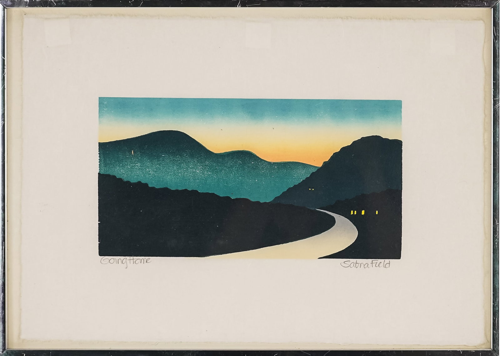 Sabra Field (VT 1935-) Going Home: Sabra FIeld (Vermont 1935-) Going Home woodblock on paper signed and identified lower margin 5 x 9.5" 11 x 16" as framed.