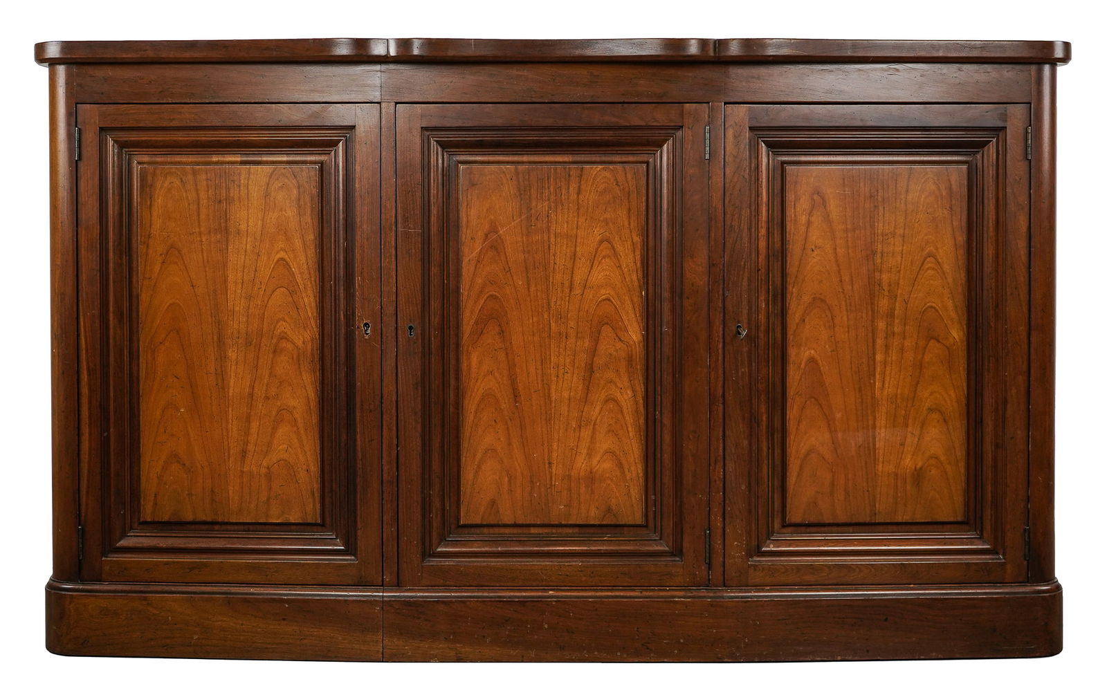 Baker Mid-Century Credenza: Baker Furniture Co. mid century modern fruitwood 3 door credenza. Good condition. Some staining, original surface. 58" x 18" x 34".