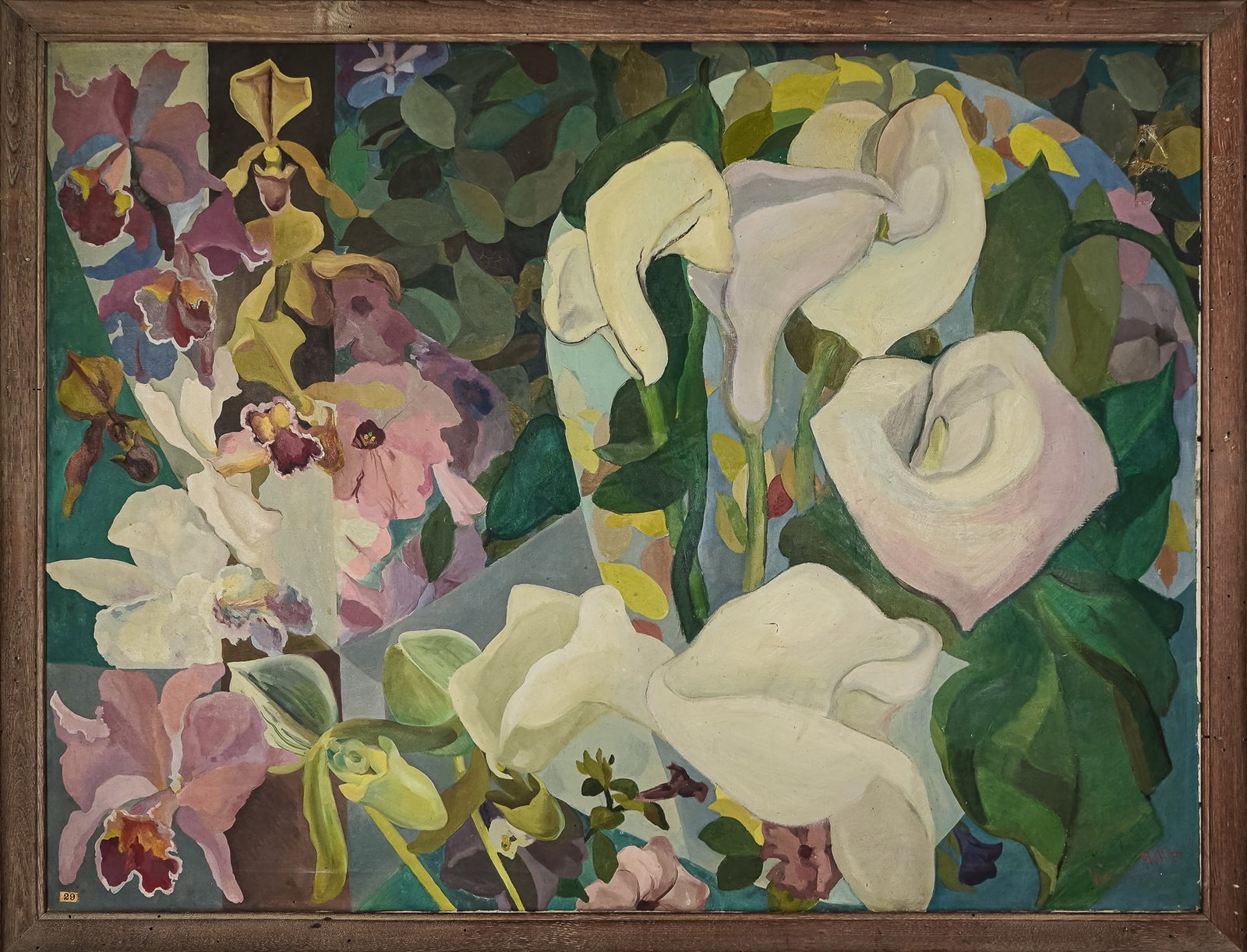 Virginia Phillips (AM 20th c ) Floral Abstraction: Virginia Phillips (American 20th c ) Floral Abstraction signed lower right dated 1935- Minor craqueleur patched tear, exhibition tag. 36 x 48" 39 x 51" as framed.