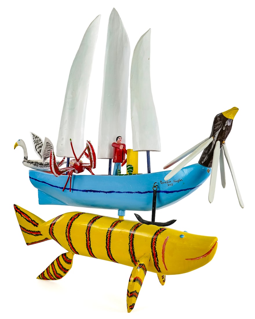 Ransford Naugler (CA 1953-) Fishing boat with Lobster: Ransford Naugler (Canadian 1953-) Nova Scotia folk art/ Outsider -Wood and polychrome fantastic fishing boat with carved birds and lobster signed and dated 2003- 41 x 46 x 15" minor age checks