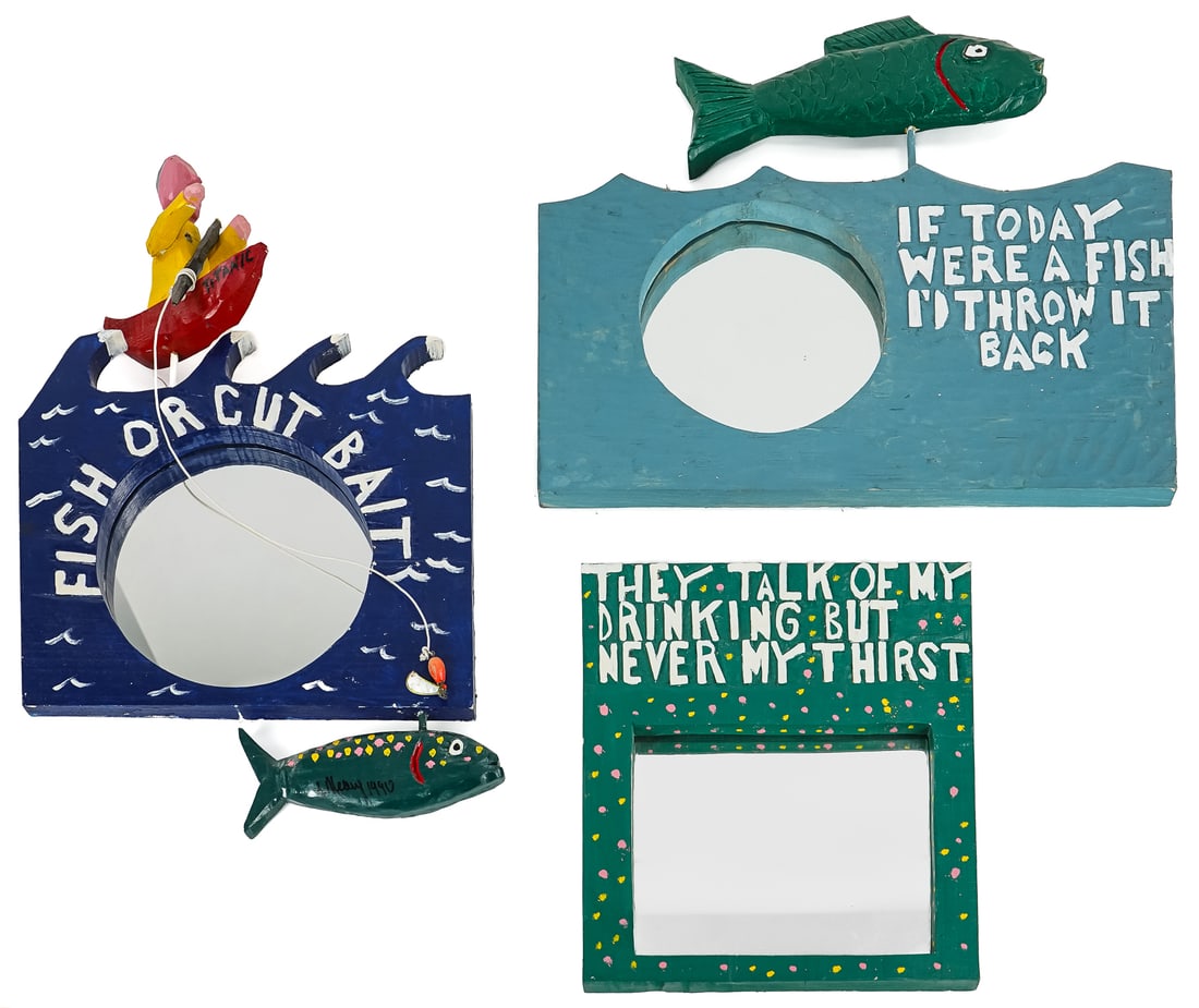 Three Lee Neary Cheeky Woodcarvings: Three Lee Neary wood carved mottos- Fish or Cut Bait, They Talk of My Drinking but Never of My Thirst, If Today Were a Fish I'd throw it back. 16 x 20" - 13 x 12"