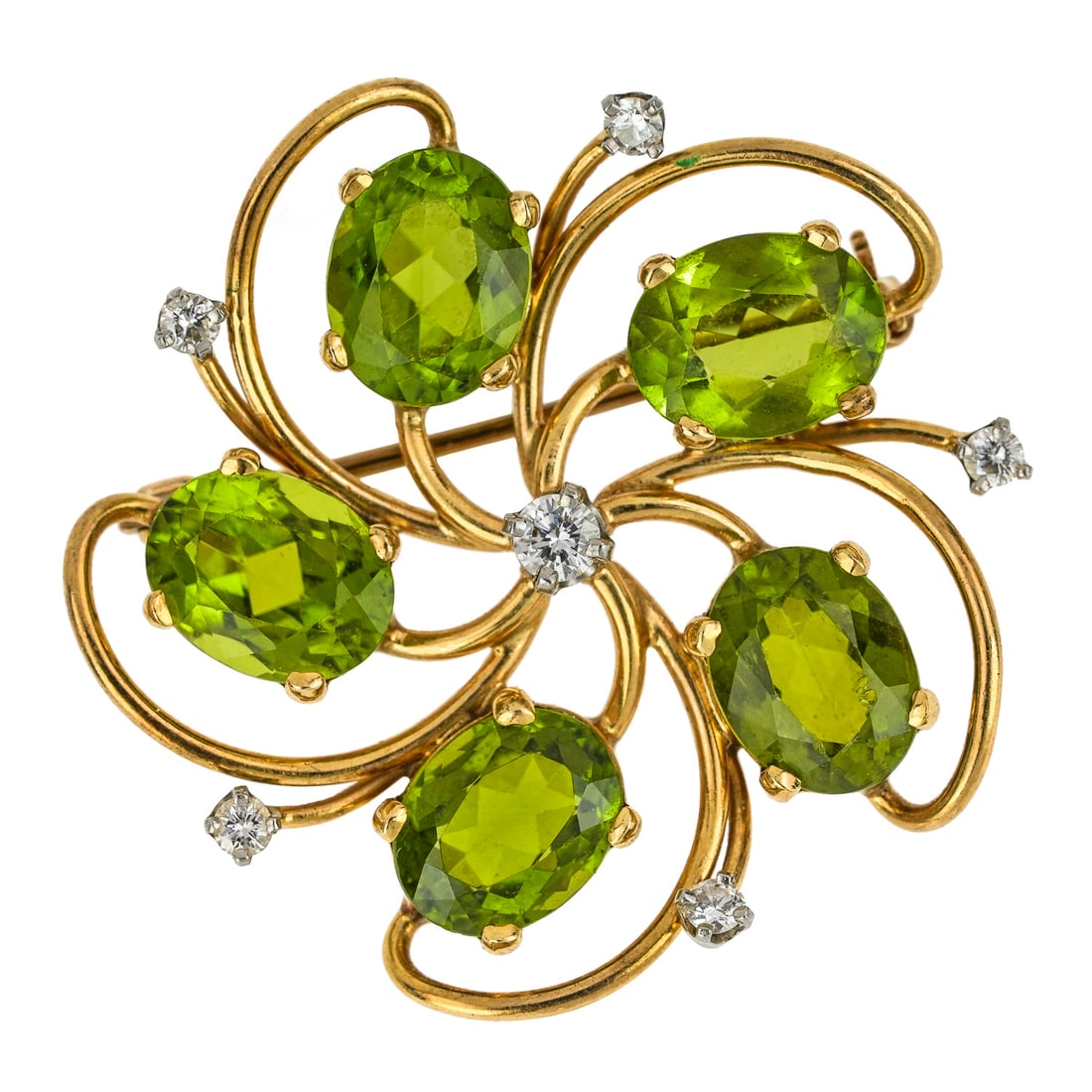 14k Diamond Tourmaline Spiral Brooch: 14k yellow gold brooch pin set with 5 .03 ct round cut diamonds on outside edge and center .1 ct round cut diamond. Also with 5 oval cut green tourmalines 6.5 mm x 9 mm. 1 1/4" diameter. 7.9 grams t.w
