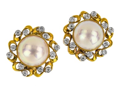 Fine 18k, Diamond, & Mabe Pearl Earrings