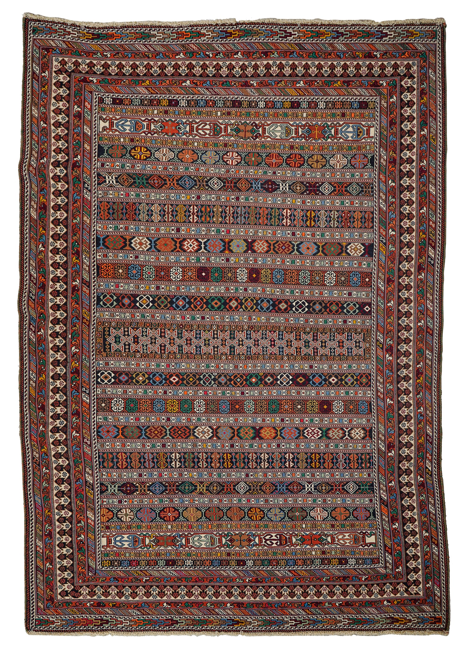 Tribal Persian Gabbeh Flat Woven Area Rug: Contemporary Tribal Persian Gabbeh flatwoven area rug, strong colors, 4' 8" x 6' 9"