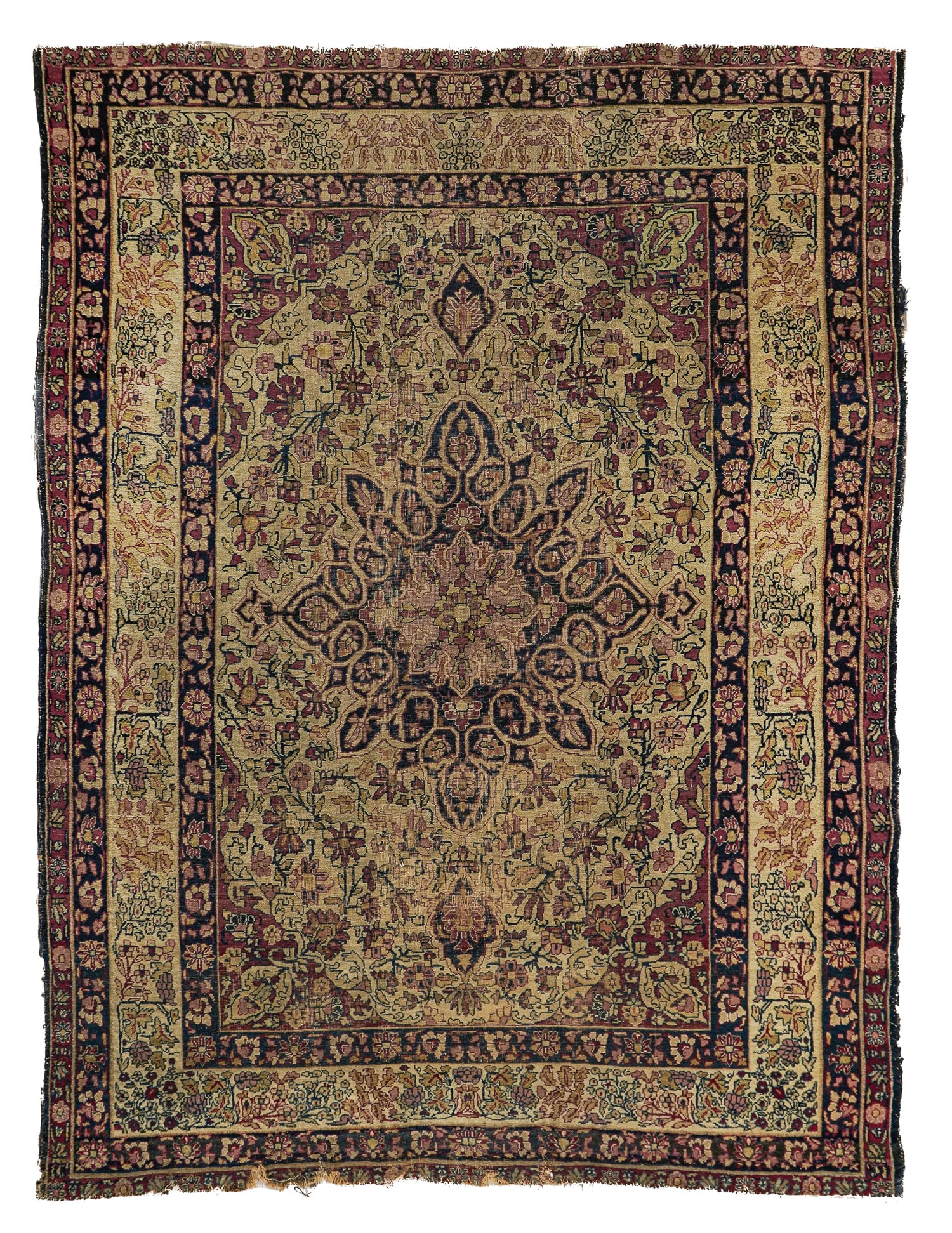 Antique Persian Kashan Area Rug: Antique Persian Kashan area rug, heavy wear, uneven areas, 4' 3" x 5' 10"