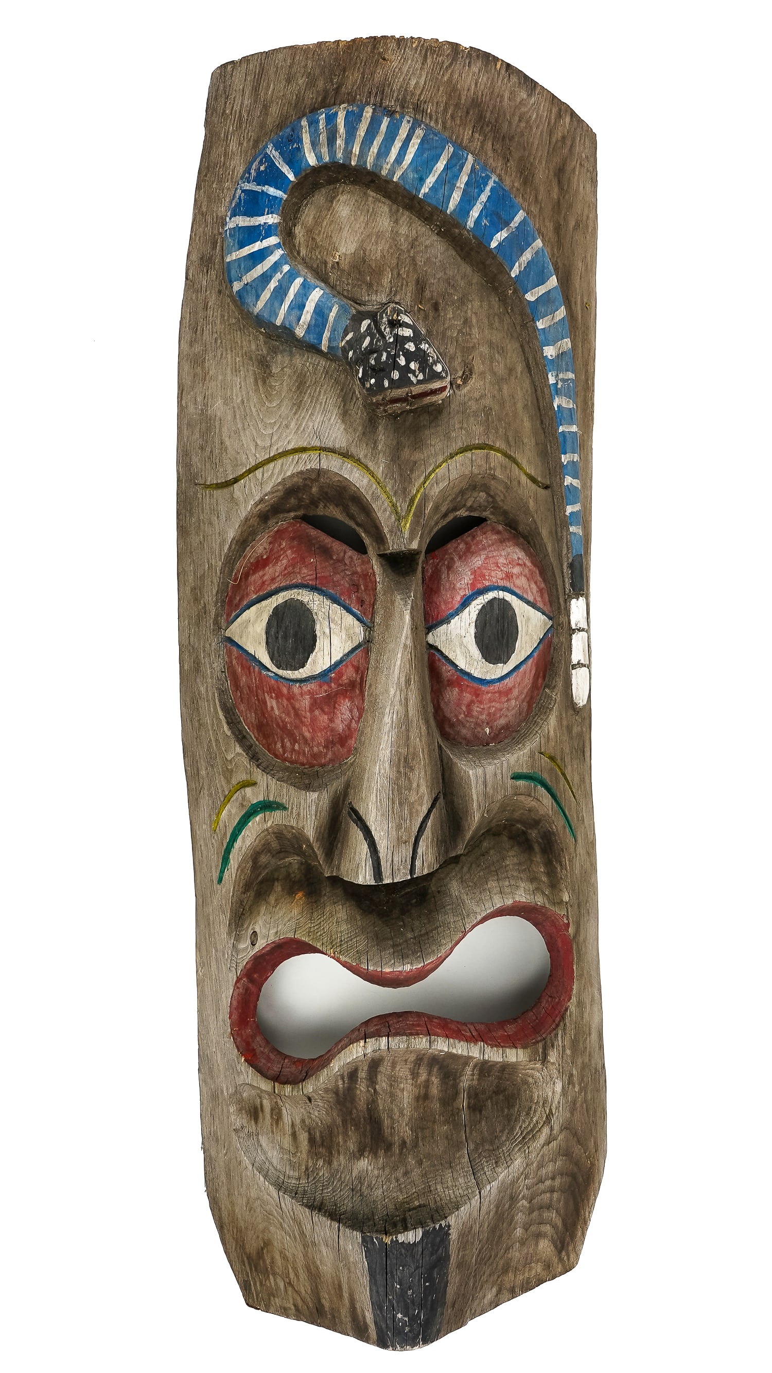 Large MCM Vintage Wooden Tiki Mask: Large MCM vintage Hawaiian/ Polynesian carved and polychrome painted Tiki mask, ht 42"