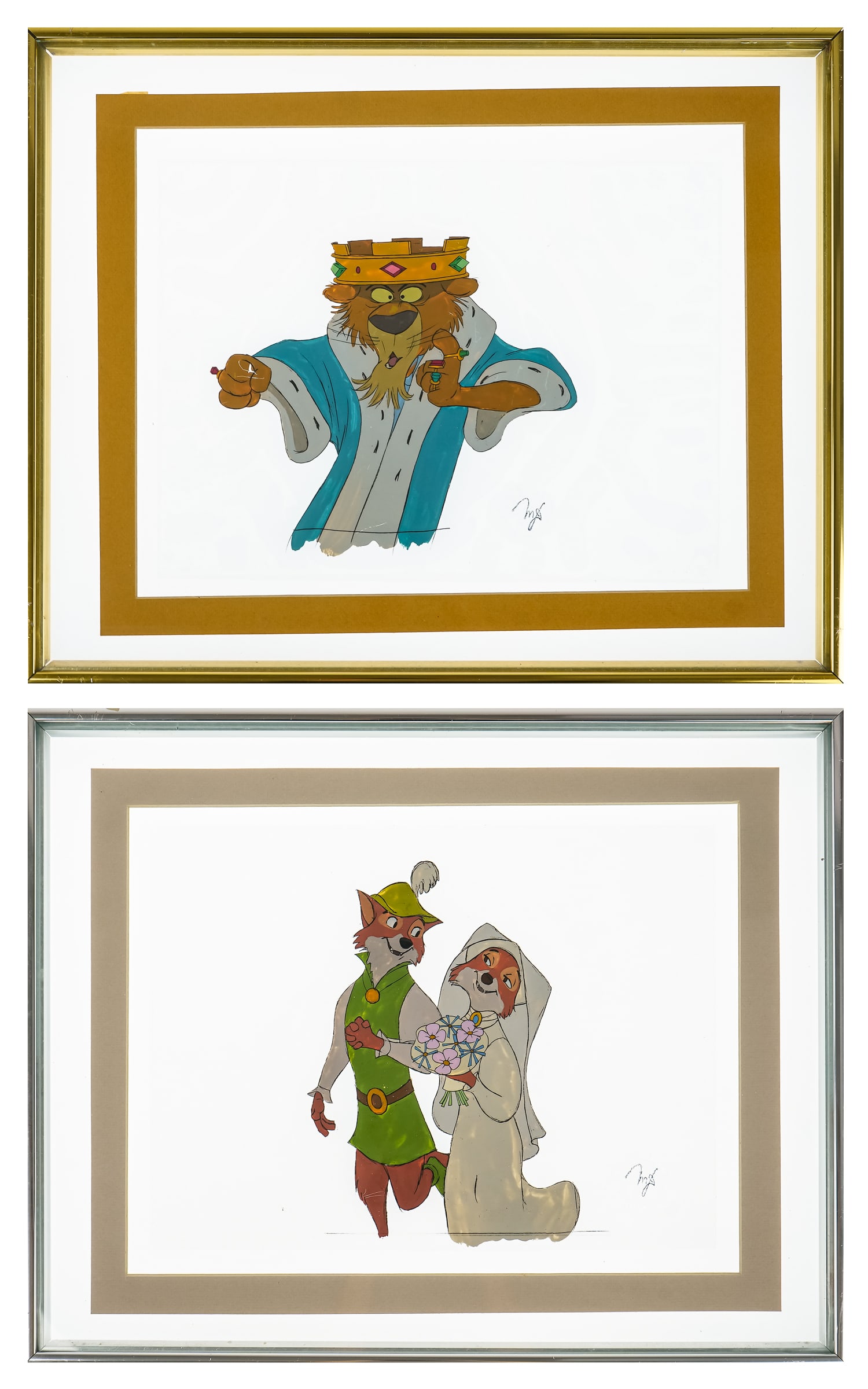 Two Film Cels from Walt Disney's Robin Hood 1973: Two Animation Cels from Walt Disney's Robin Hood 1973- Robin Hood and Marian Wedding, and Prince John each with embossed Disney Seal. 10.5 x 14" 16.5 x 20" as framed