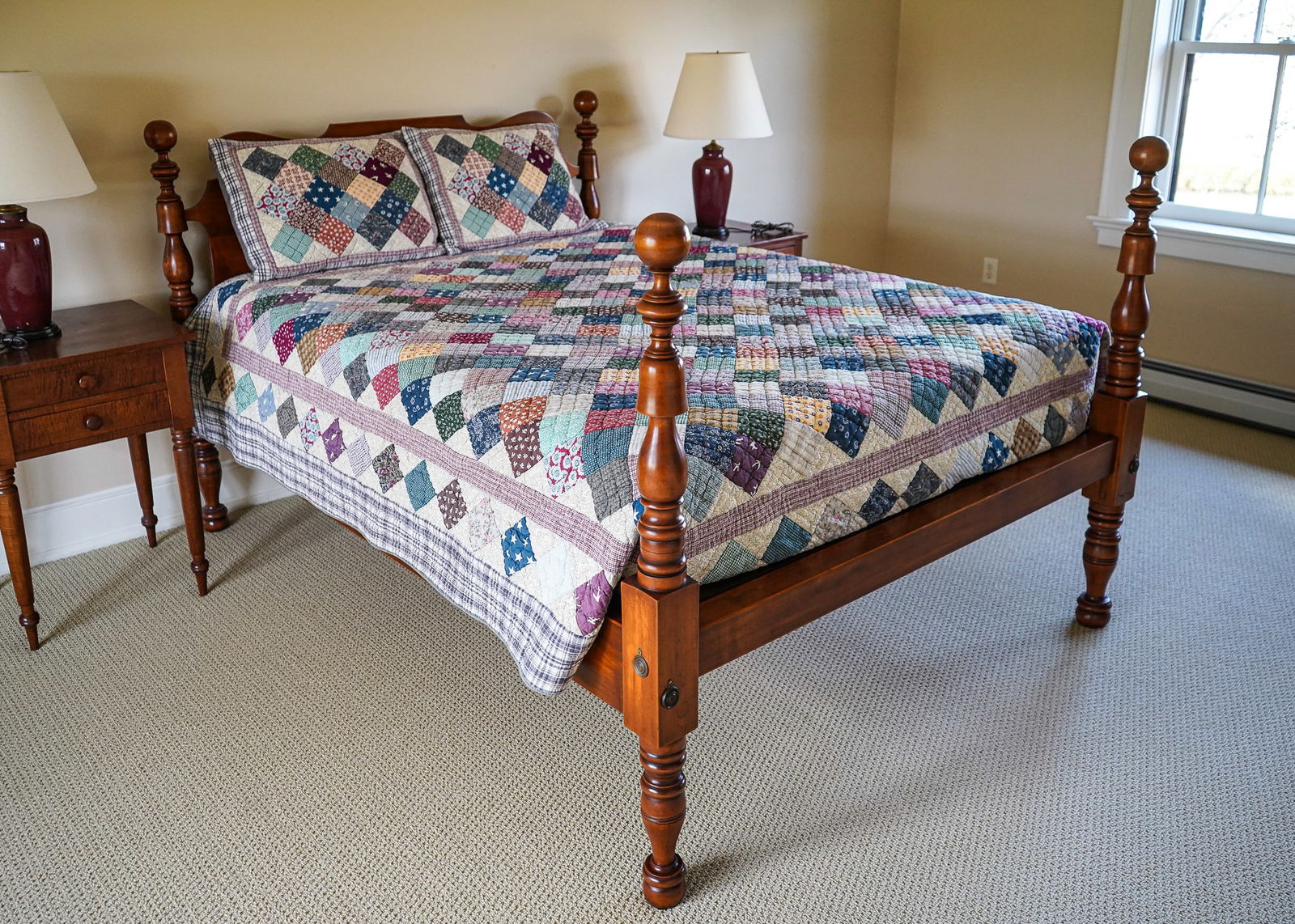 Leonard's of Seekonk, MA. 19thc Maple Queen Cannonball Bed: Leonard's New England of Seekonk Mass, 19th c converted to queen size cannonball bed. Comes complete with bedding as pictured.