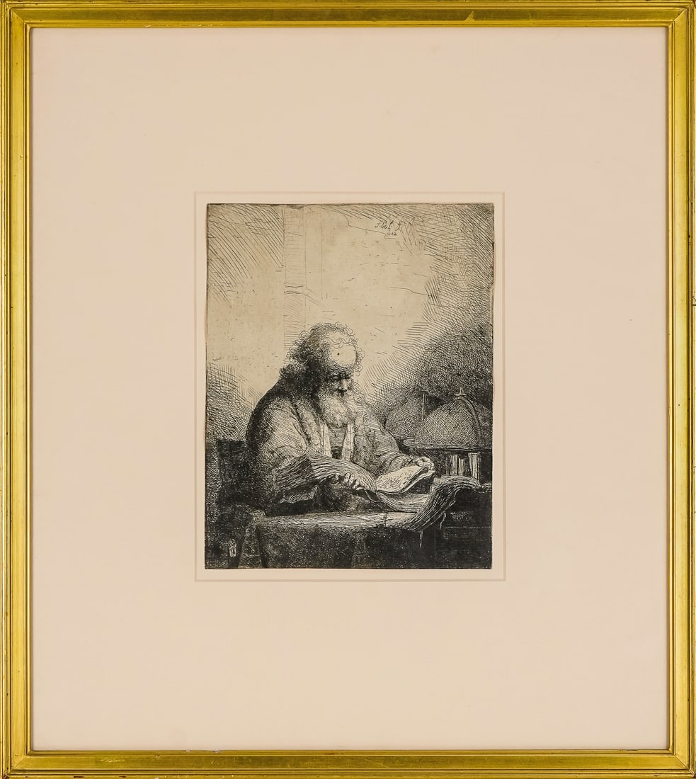 Ferdinand Bol (NL 1616-1680) The Philosopher: Ferdinand Bol (Dutch 1616-1680) The Philosopher etching on paper dated 1642, Signed in plate- 8.5 x 6.5" margins trimmed to plate. 19th c Frederick Kepple co. Exhibition label. " Barstich Catalog No.
