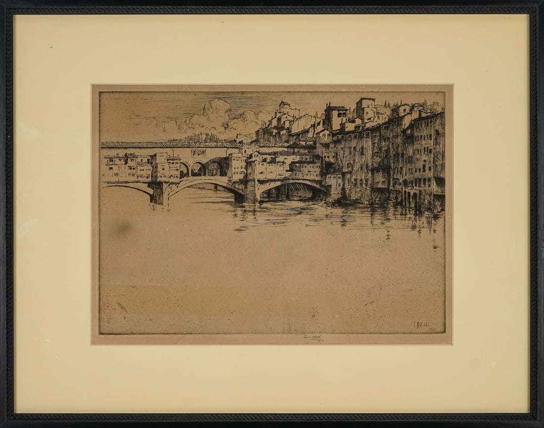 Ernest Roth (AM 1879-1964) Il Ponte Vecchio, Florence: Ernest D. Roth (American 1879-1964) Il Ponte Vecchio, Florence plate 8 x 12" signed in plate dated 1912- 15 x 19" as framed.