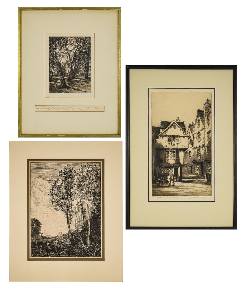 Three Etchings- Jean BC Corot, Sir Thos. Haden, another.: Three circa 1900 etchings - Jean Baptiste Camille Corot (FR 1796-1875) Souvenier of Italy engraving on paper unsigned, laid on matte 17.5 x 14" Sir Thomas Haden (EN 1818-1910) Kensington Gardens 14.5