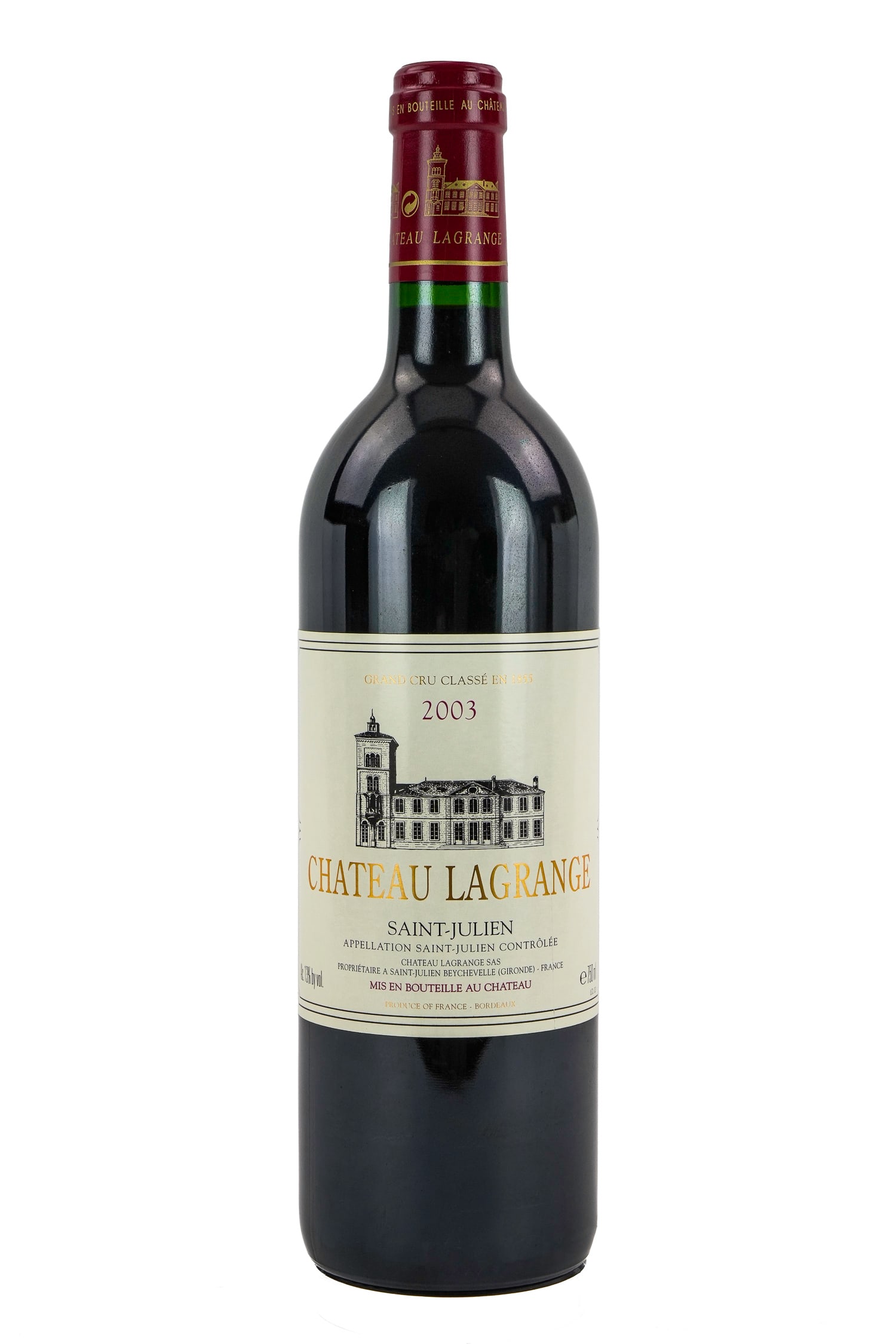11 Bottles Chateau Lagrange Red Wine: 11 Bottles Chateau Lagrange Saint-Julien red wine. 5 2003 bottles, and 6 2005 bottles. Good overall condition. Sold to benefit The Lake Champlain Land Trust. Local Pick up only