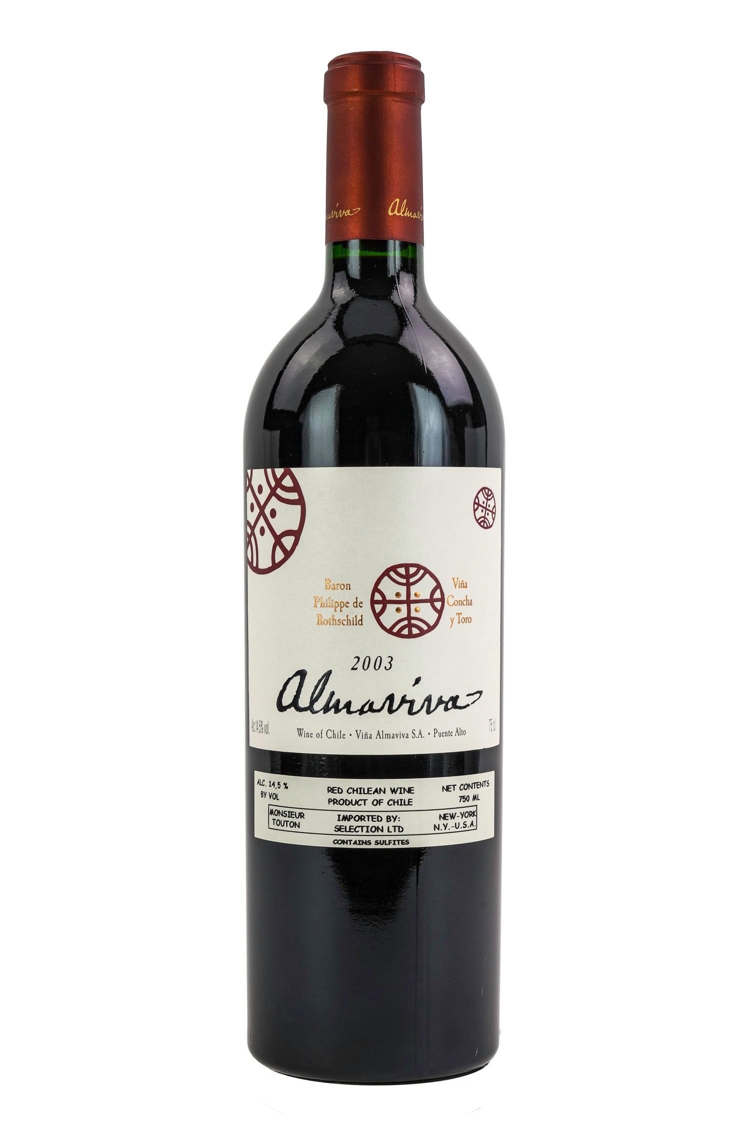 5 Bottles Almaviva Red Wine: 5 bottles of Almaviva, Alto Chile, red wine. 4 2006 bottles and 1 2003. Overall good condition. Sold to benefit The Lake Champlain Land Trust. Local Pick up only