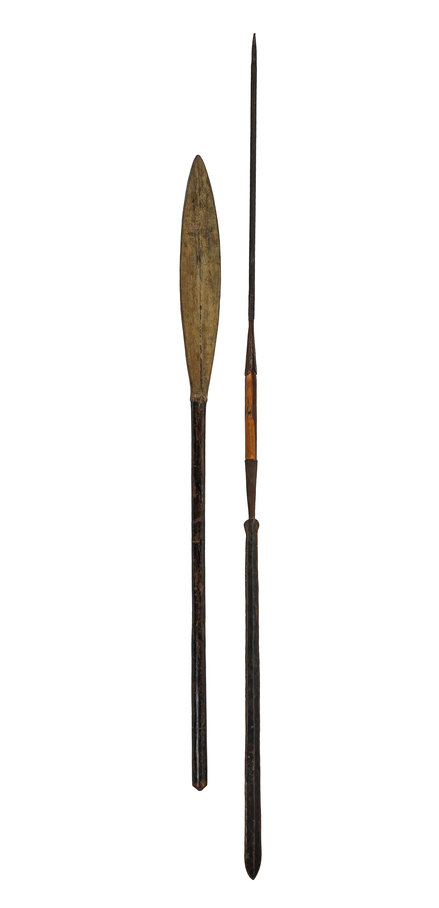 Maasai Lion Spear, Wooden Paddle: Maasai lion spear, carved wooden paddle, lengths 66", 48"