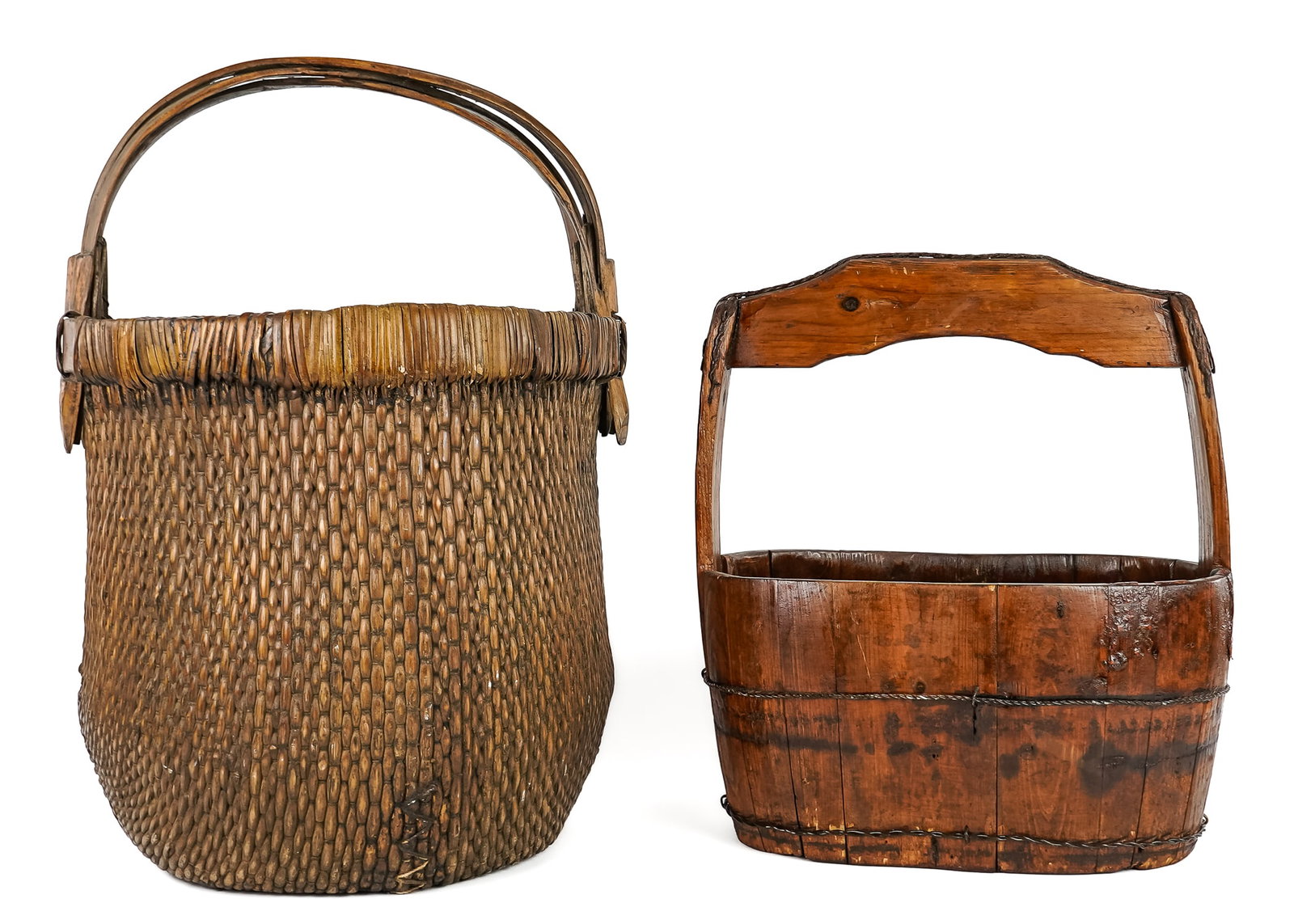 Two Chinese Wooden Baskets: Two Chinese wooden baskets, one with woven body, the other staved, hts 17", 23"